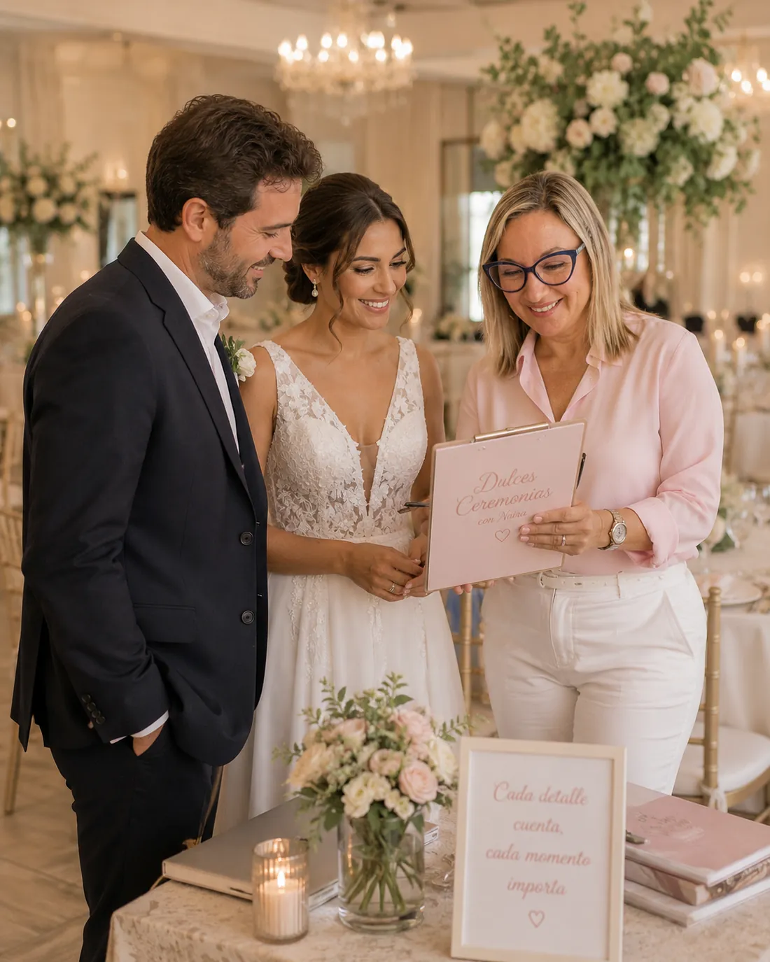 Naira con los novios repasando la ceremonia